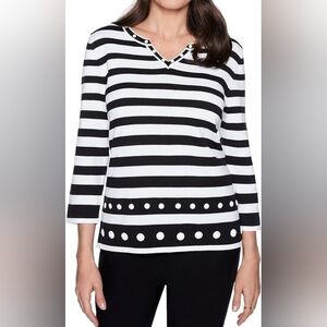 Alfred Dunner Women's Black White Striped Embellished Sweater Size XL NWT